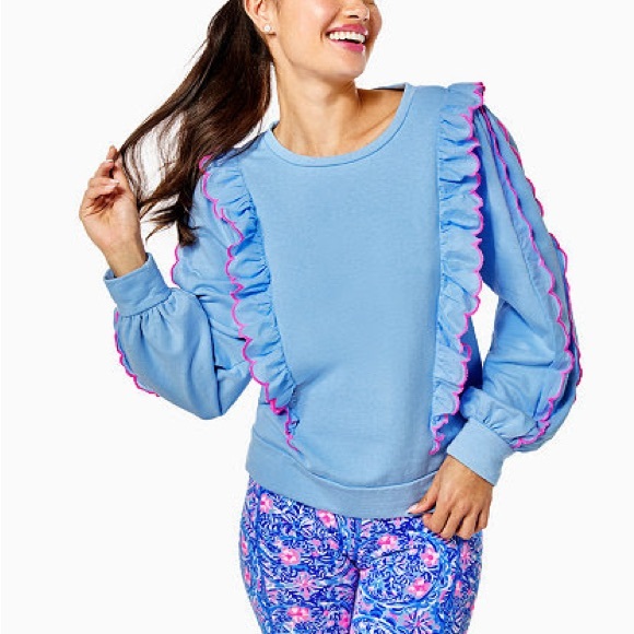 Lilly Pulitzer Blue Ruffle Crewneck Sz Lg - Picture 1 of 8